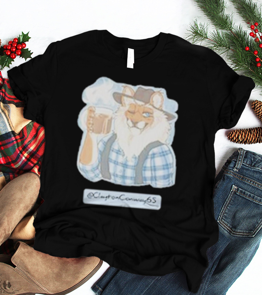 Clayton Conway 65 @ClaytonConway65 Cat In Plaid With Hat Holding Coffee T-Shirt