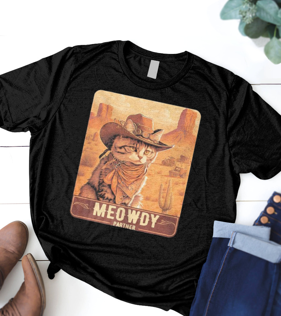 Meowdy Partner Cowboy Cat In Desert Scene With Cactus And Wagon T-Shirt
