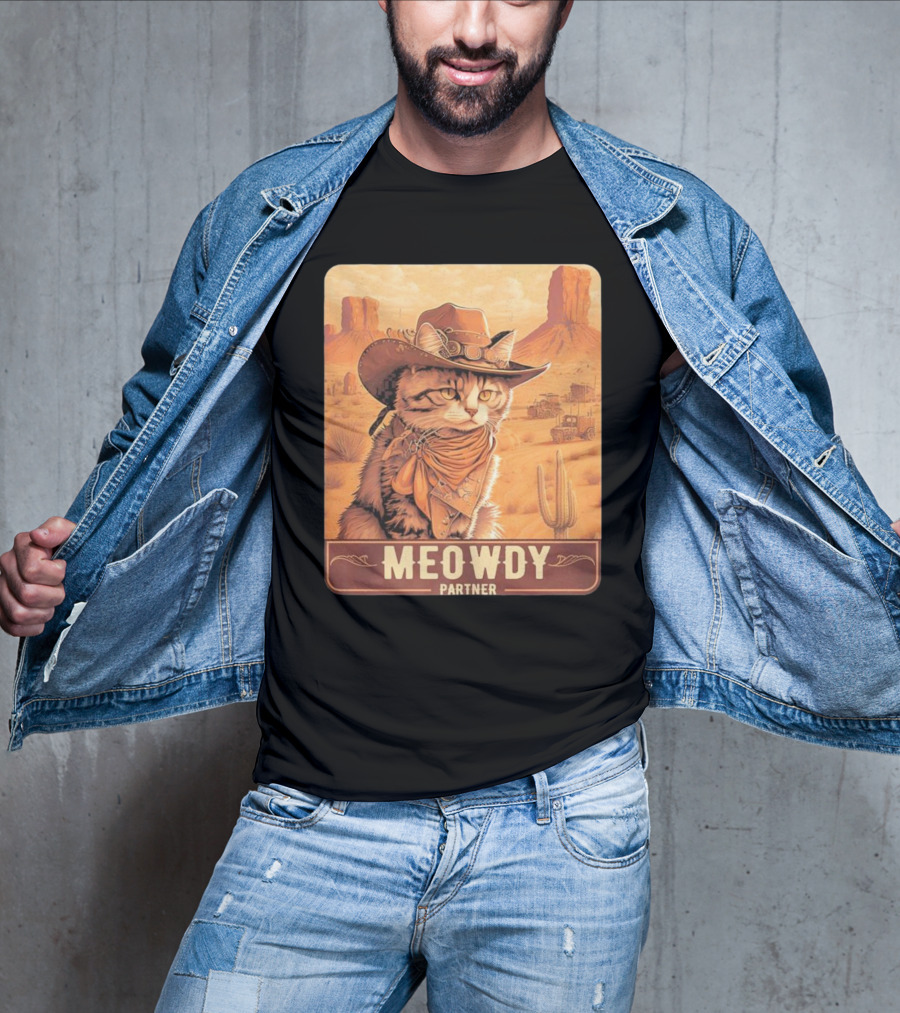 Meowdy Partner Cowboy Cat In Desert Scene With Cactus And Wagon T-Shirt