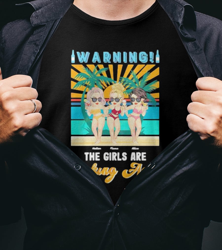 Warning The Girls Are Drinking Again Vintage Beach Party Sun Palm Trees T-Shirt