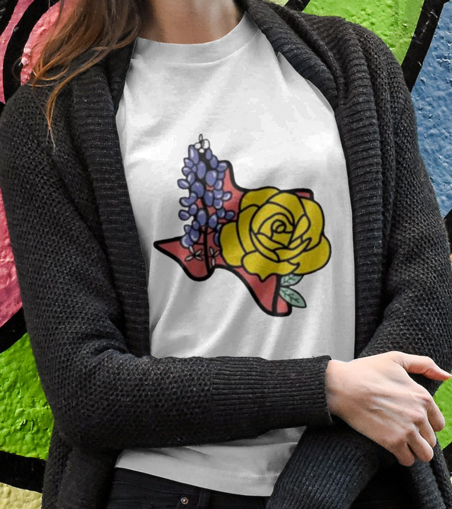 Texas Wildflower Humor Yellow Rose Bluebonnet State Outline T-Shirt