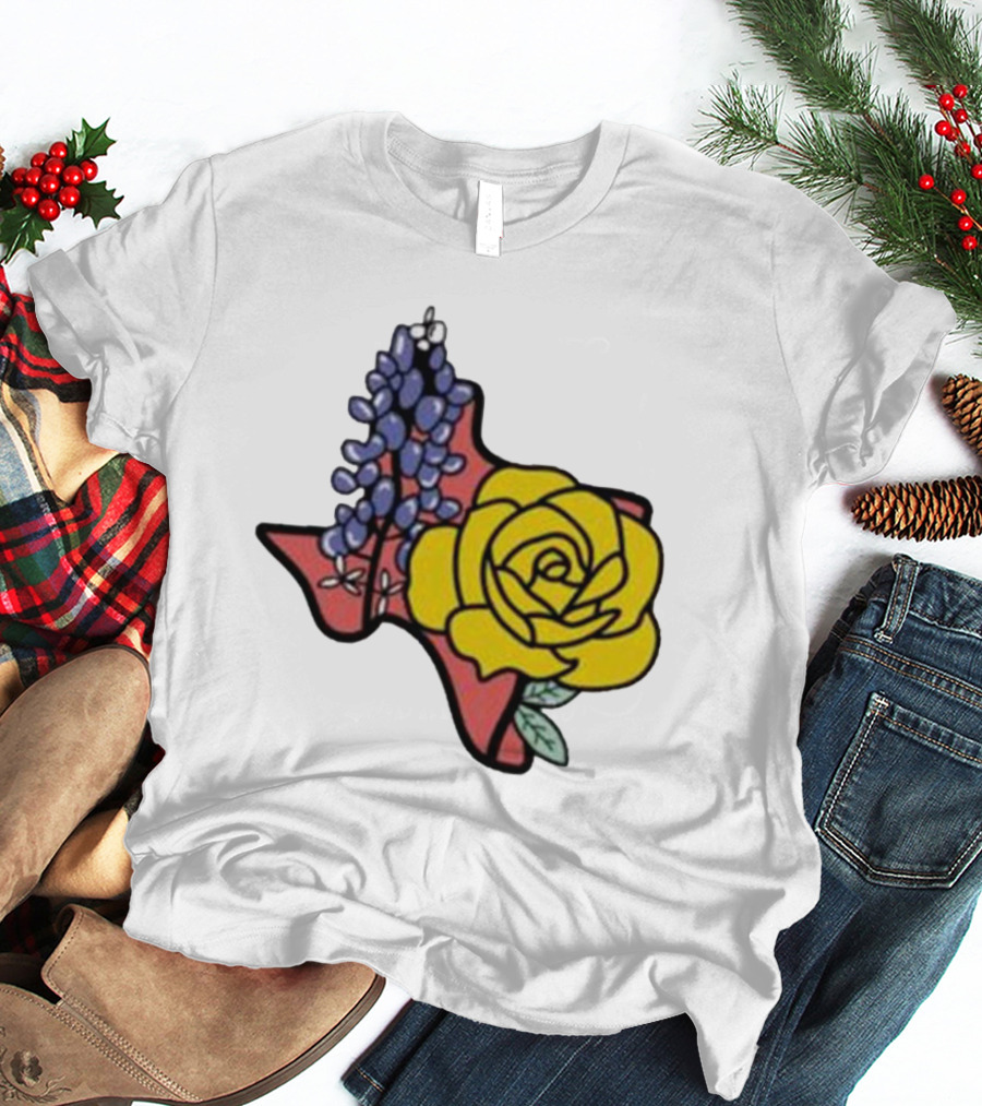 Texas Wildflower Humor Yellow Rose Bluebonnet State Outline T-Shirt