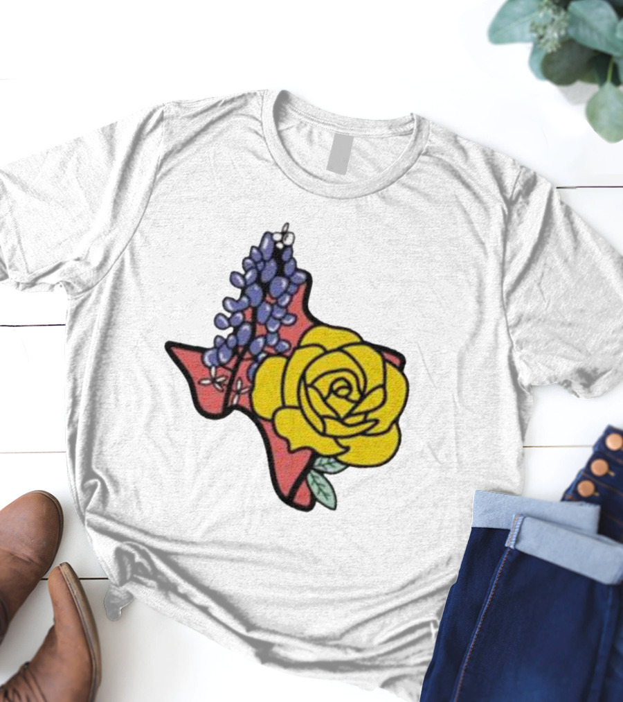Texas Wildflower Humor Yellow Rose Bluebonnet State Outline T-Shirt