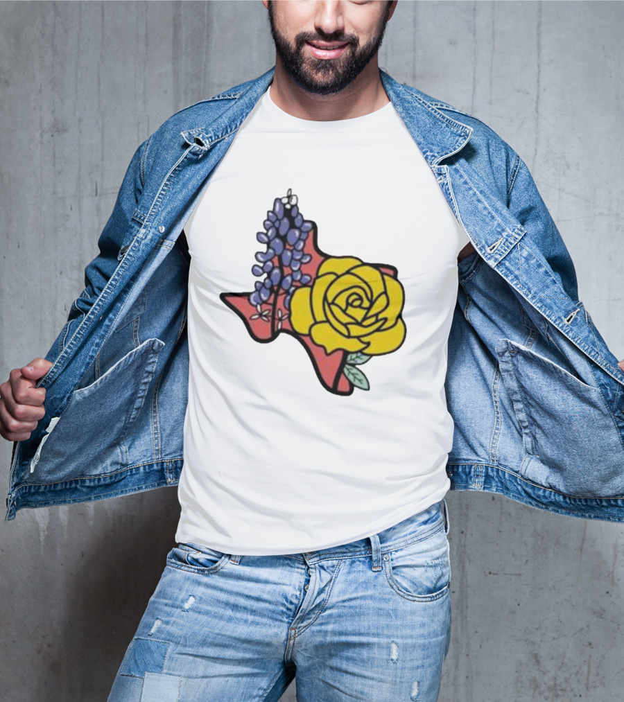 Texas Wildflower Humor Yellow Rose Bluebonnet State Outline T-Shirt