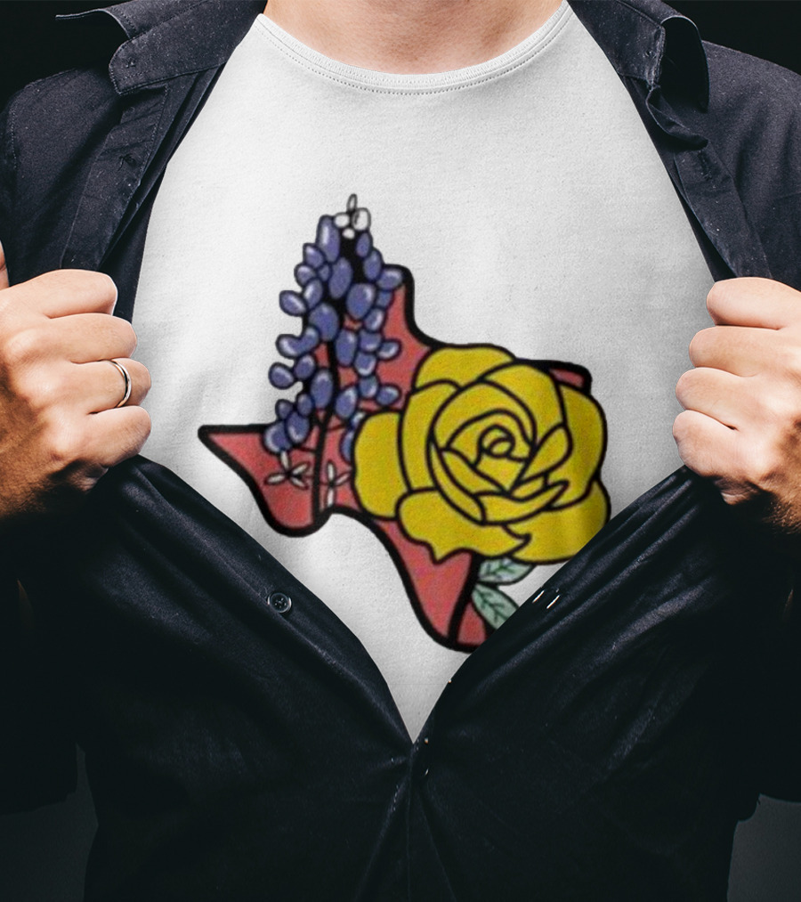 Texas Wildflower Humor Yellow Rose Bluebonnet State Outline T-Shirt