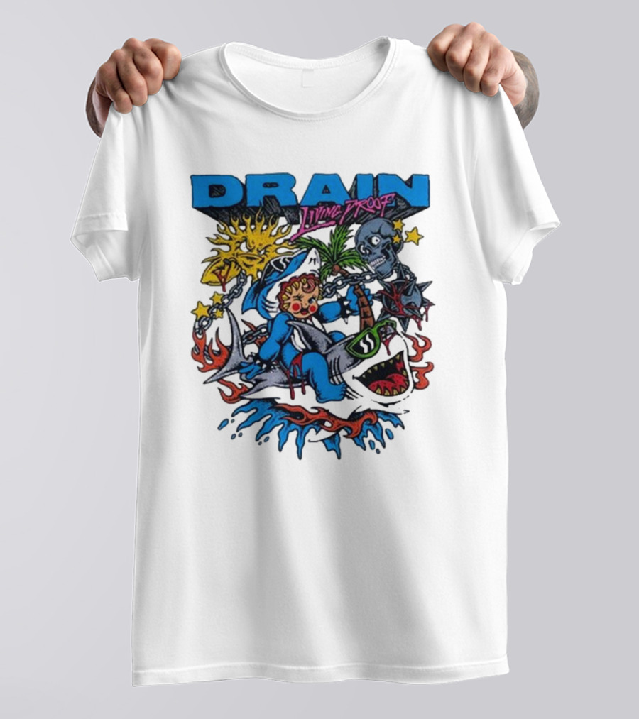 DRAIN Living Proof Chain-Wrapped Shark With Skeleton And Sunburst T-Shirt