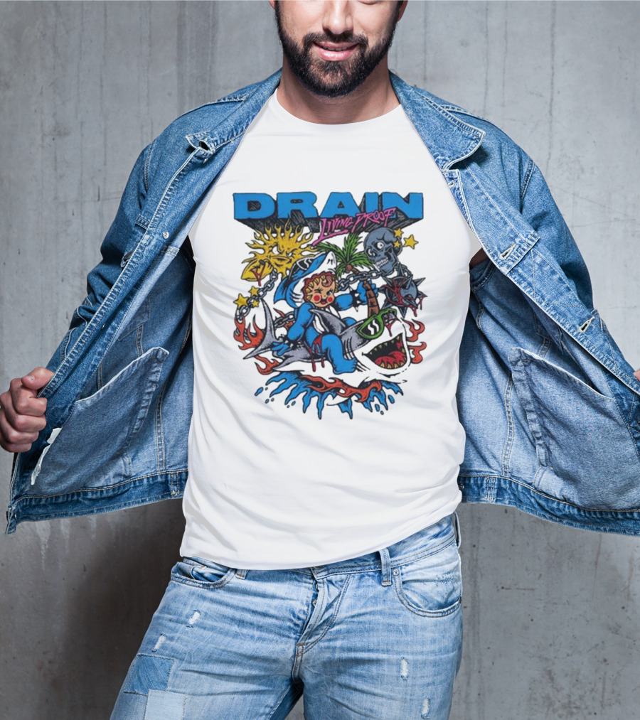 DRAIN Living Proof Chain-Wrapped Shark With Skeleton And Sunburst T-Shirt