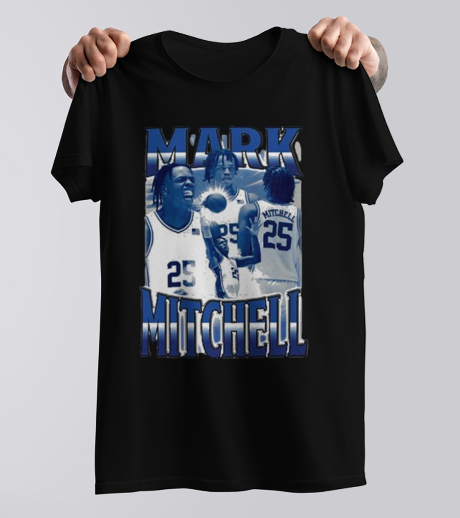 Mark Mitchell 25 Basketball Collage Blue And White T-Shirt