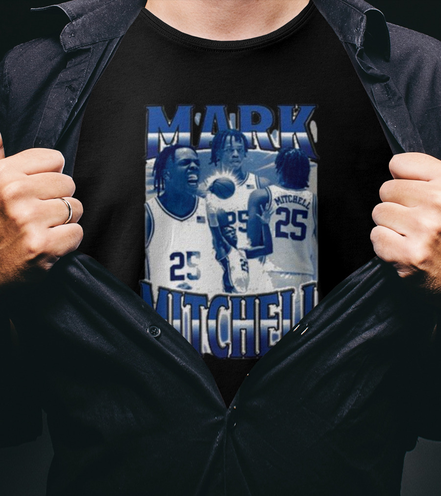 Mark Mitchell 25 Basketball Collage Blue And White T-Shirt