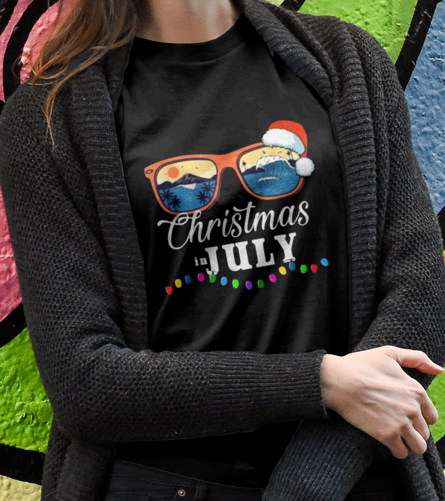 Christmas In July Santa Beach Vacation Sunglasses Holiday Lights T-Shirt