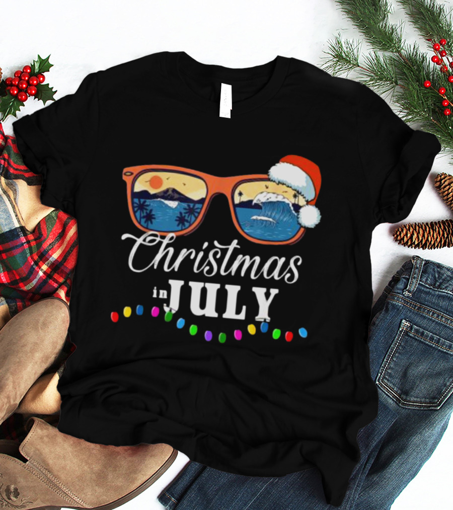 Christmas In July Santa Beach Vacation Sunglasses Holiday Lights T-Shirt