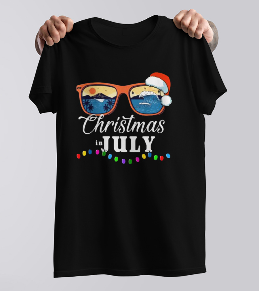 Christmas In July Santa Beach Vacation Sunglasses Holiday Lights T-Shirt