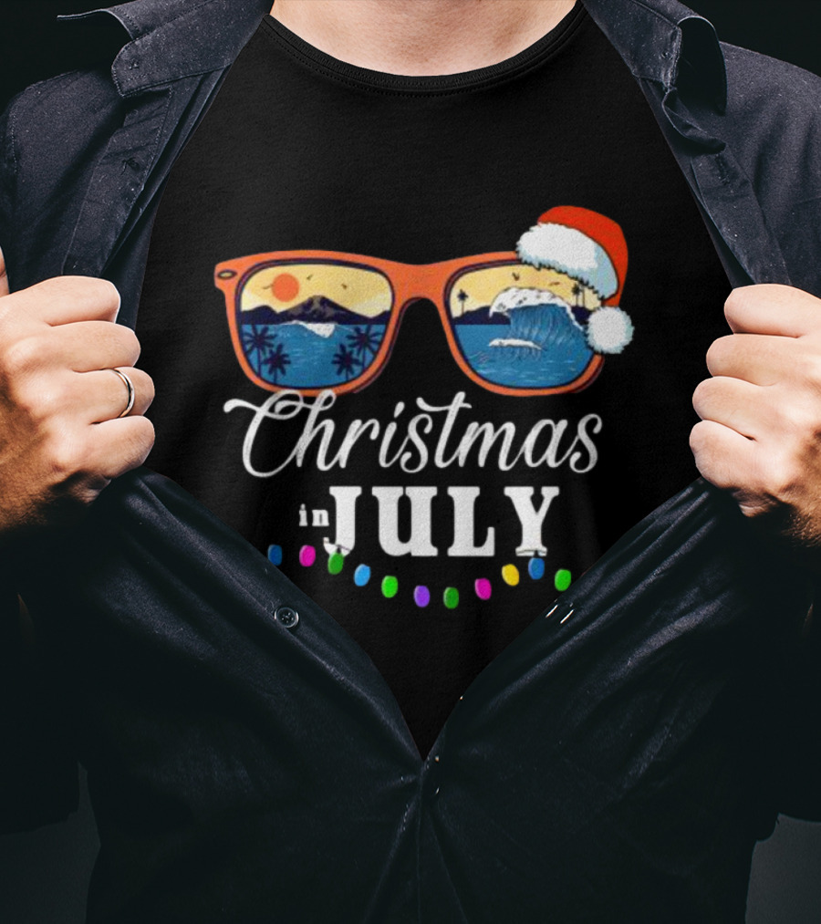 Christmas In July Santa Beach Vacation Sunglasses Holiday Lights T-Shirt