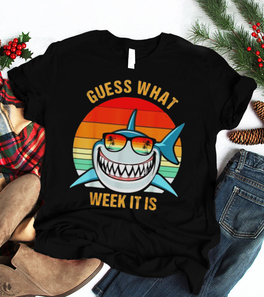 Guess What Week It Is Shark Vintage Sunset Retro Palm Trees T-Shirt