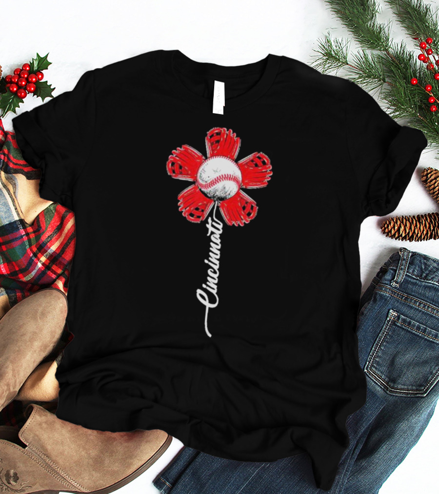 Cincinnati Baseball Flower With Baseball Center And Red Glove Petals T-Shirt