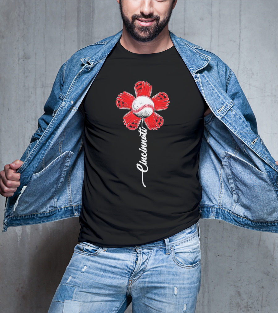 Cincinnati Baseball Flower With Baseball Center And Red Glove Petals T-Shirt
