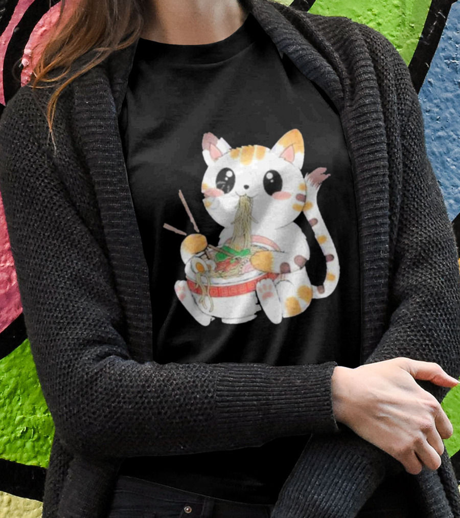Kawaii Neko Eating Ramen In Cute Cartoon T-Shirt