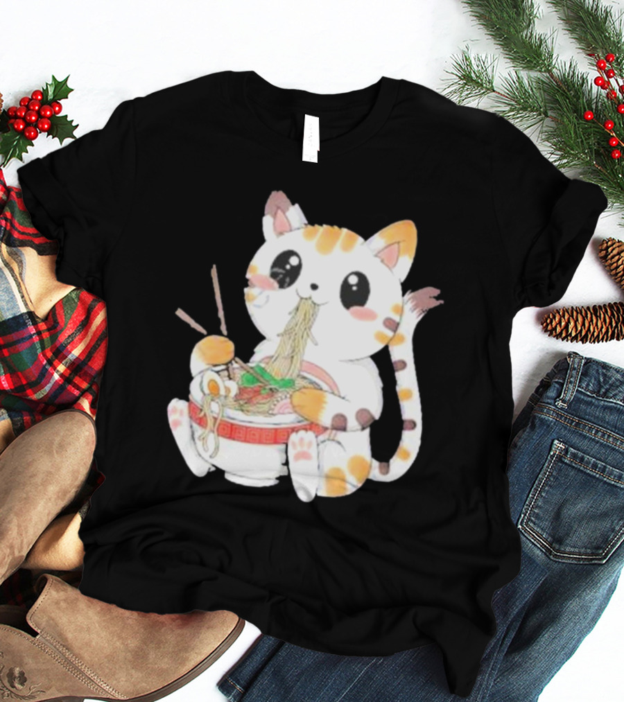 Kawaii Neko Eating Ramen In Cute Cartoon T-Shirt