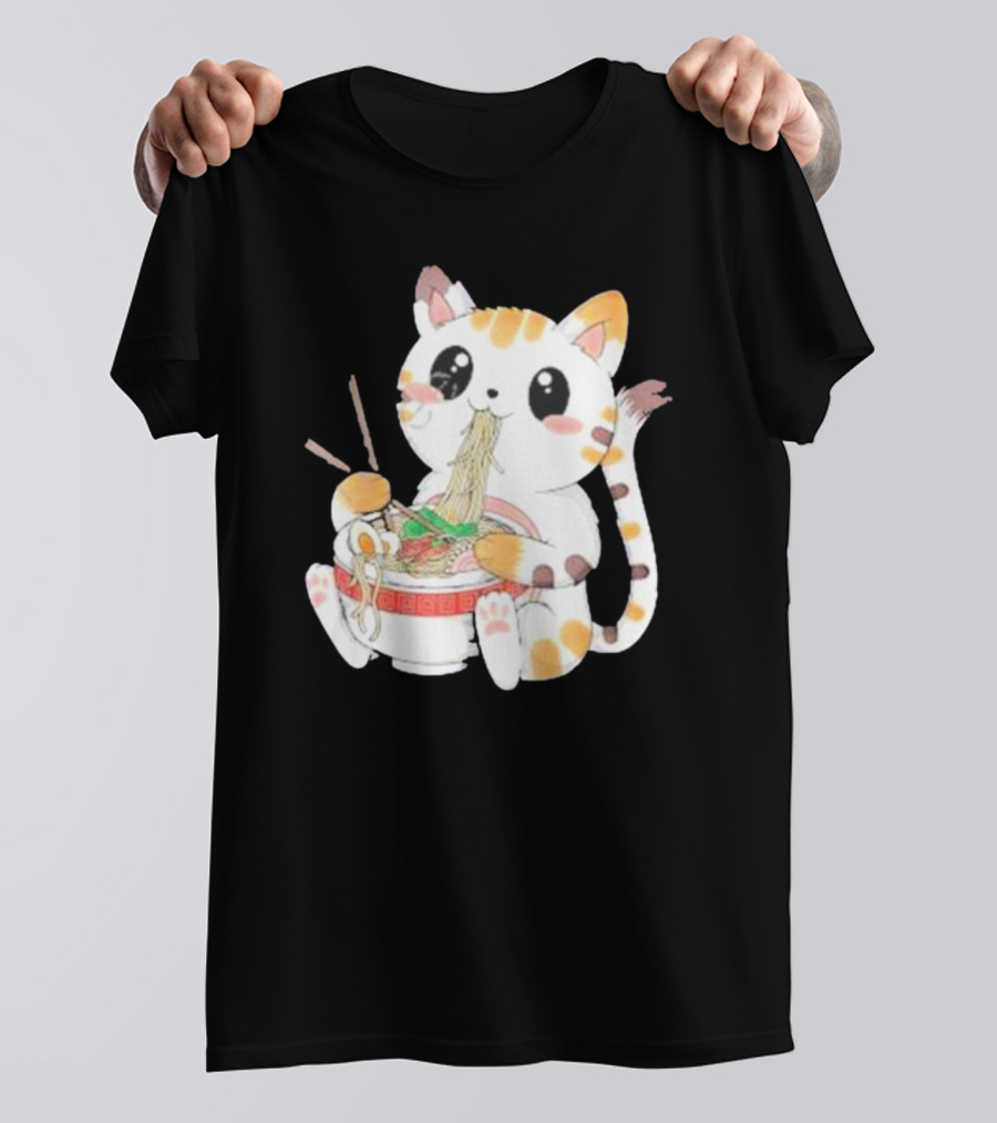 Kawaii Neko Eating Ramen In Cute Cartoon T-Shirt