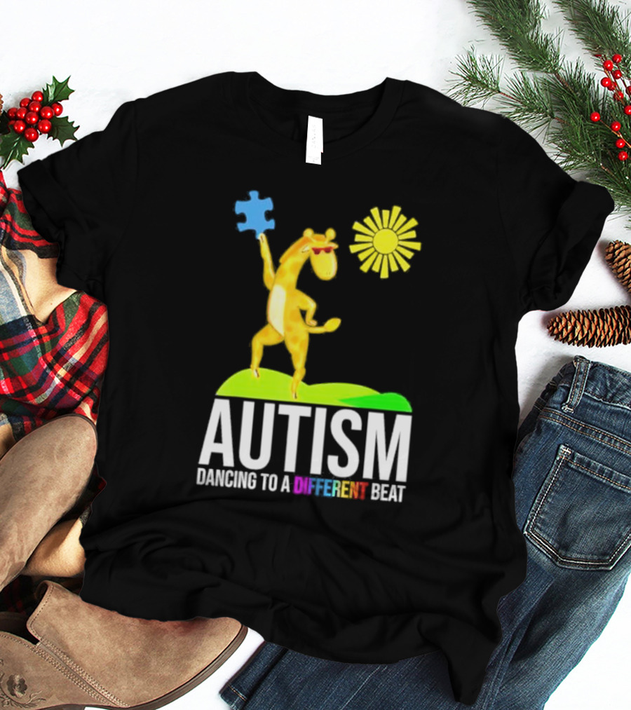 Giraffe With Puzzle Piece And Sun Celebrating Autism Dancing To A Different Beat T-Shirt