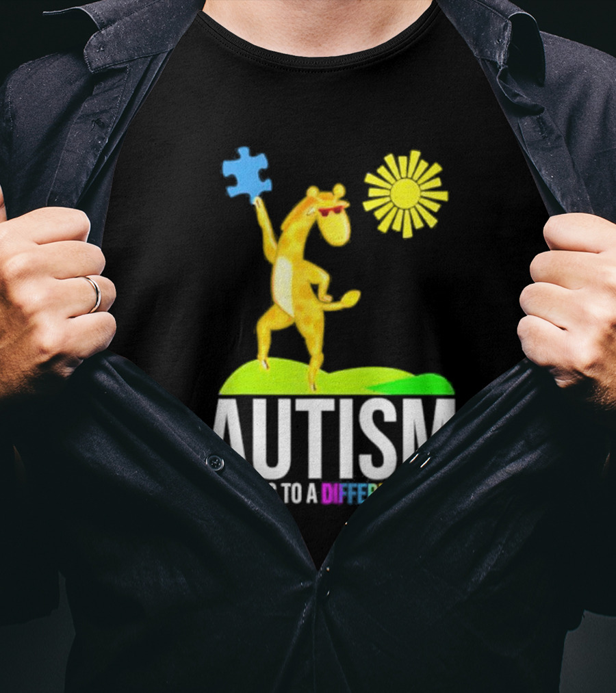 Giraffe With Puzzle Piece And Sun Celebrating Autism Dancing To A Different Beat T-Shirt