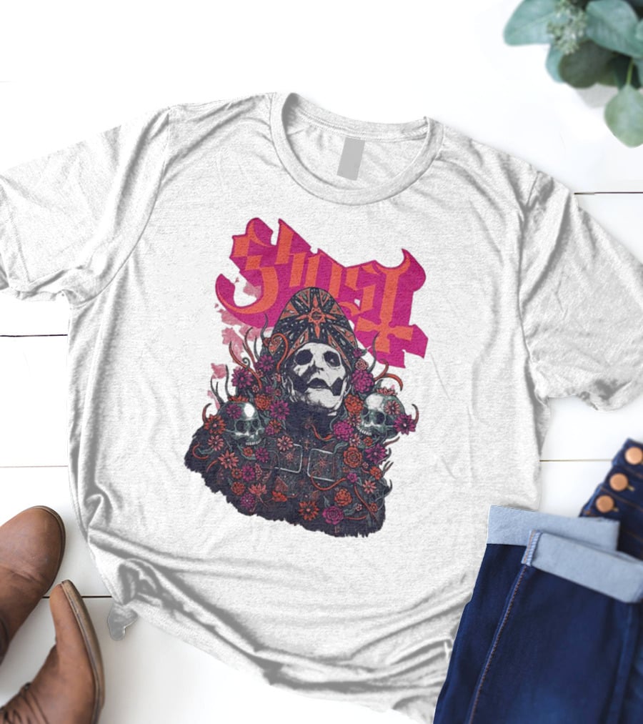 Ghost Skull In Floral Bliss Pink Crystal Wash T-Shirt