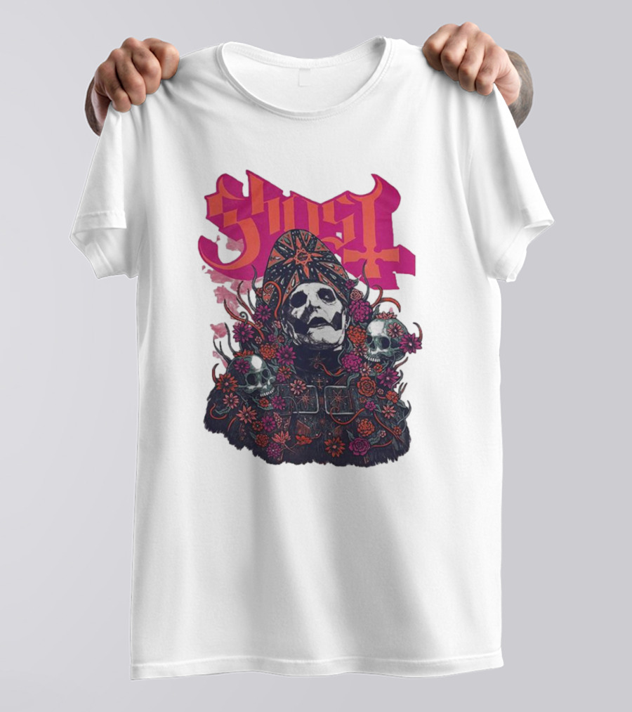 Ghost Skull In Floral Bliss Pink Crystal Wash T-Shirt