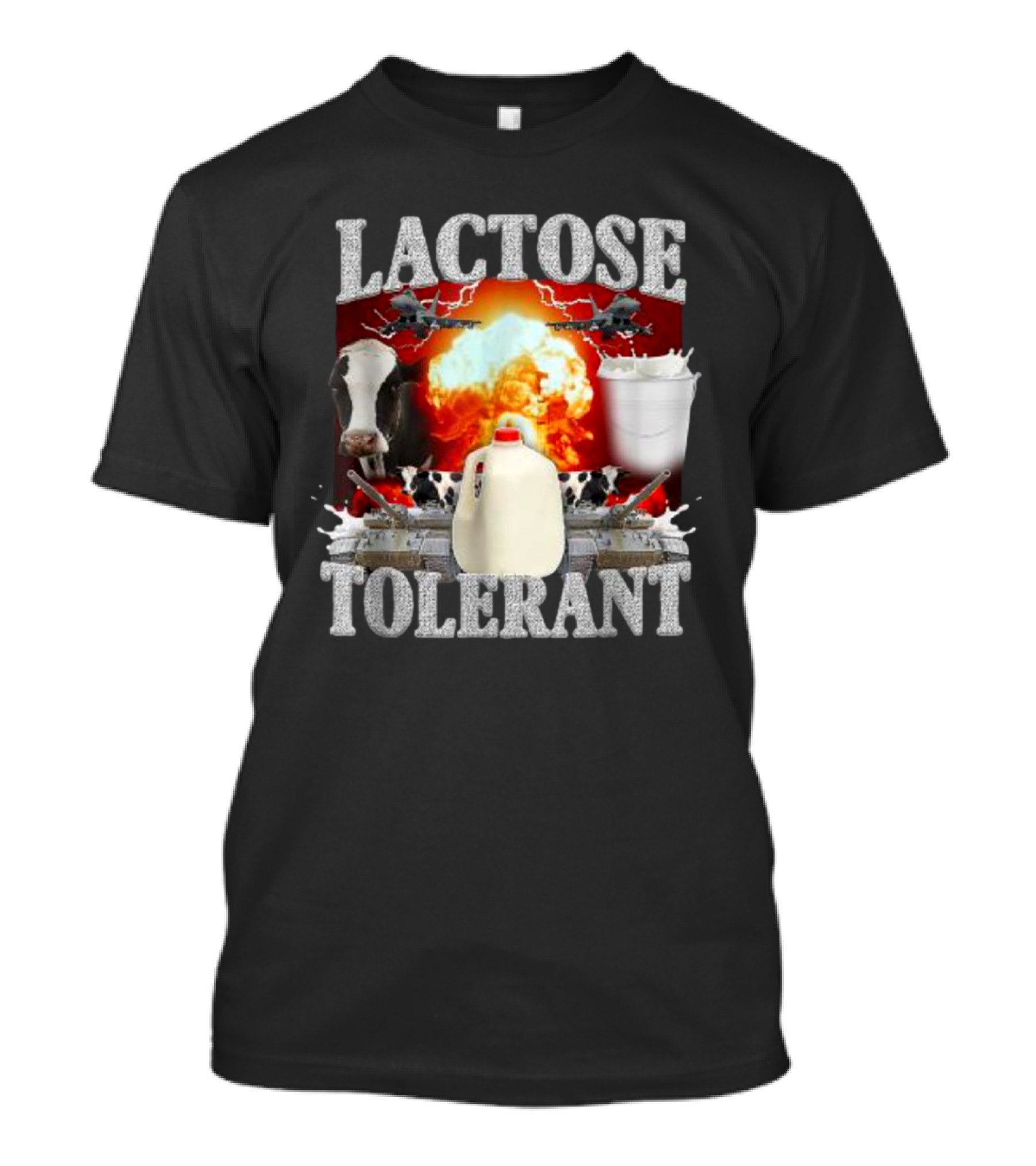 LACTOSE TOLERANT Milk Explosion Cow Jug Planes Battle Scene T-Shirt