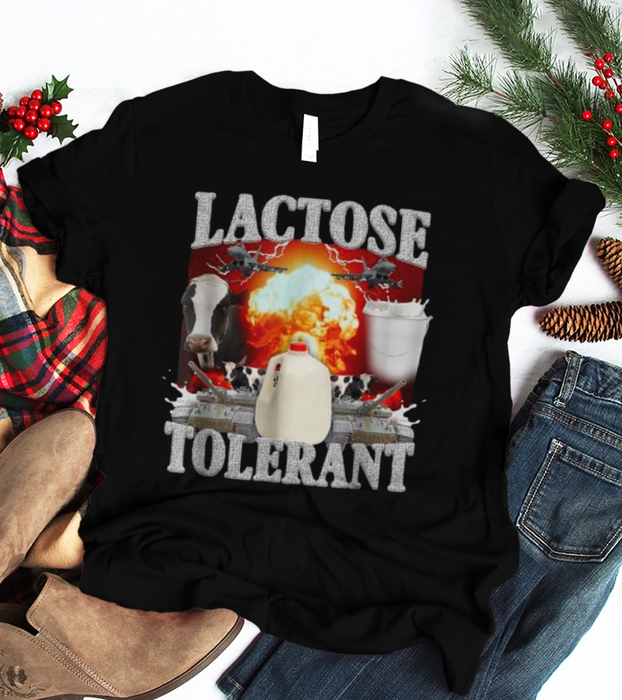 LACTOSE TOLERANT Milk Explosion Cow Jug Planes Battle Scene T-Shirt
