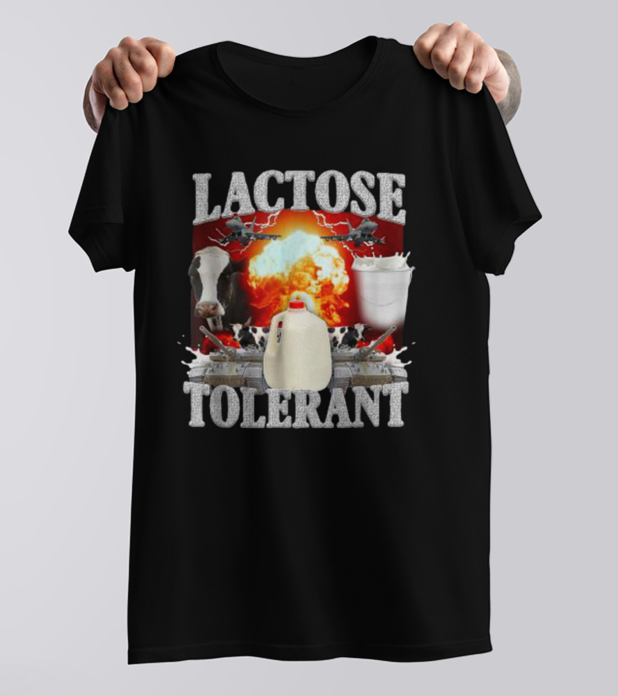LACTOSE TOLERANT Milk Explosion Cow Jug Planes Battle Scene T-Shirt
