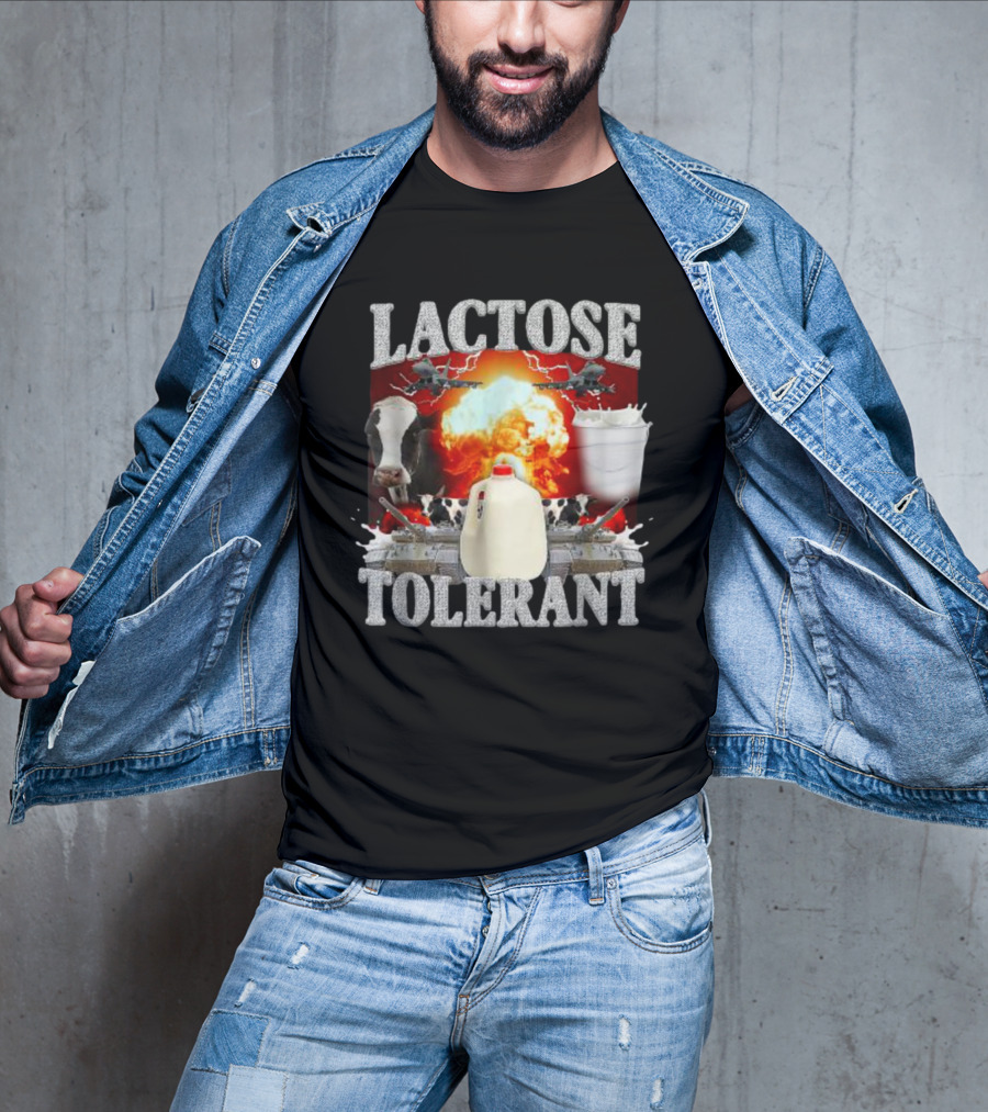 LACTOSE TOLERANT Milk Explosion Cow Jug Planes Battle Scene T-Shirt