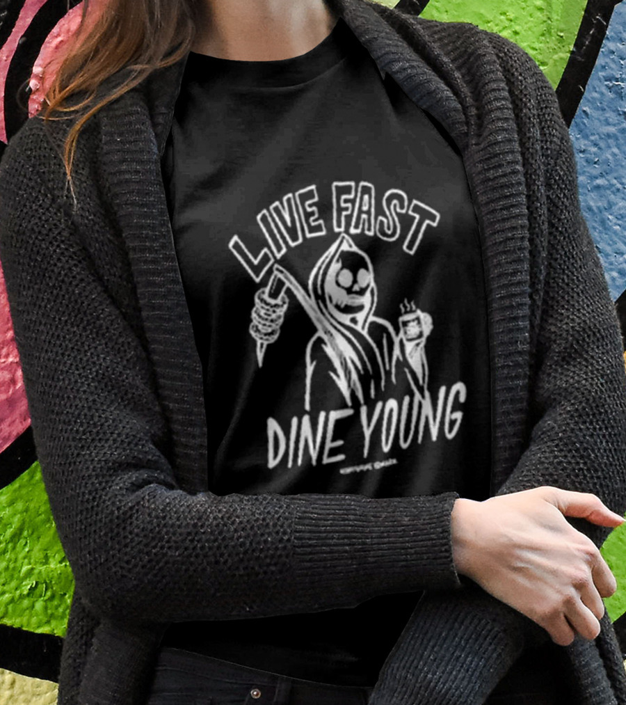 Himynameismark Live Fast Dine Young Grim Reaper With Scythe And Coffee Cup T-Shirt