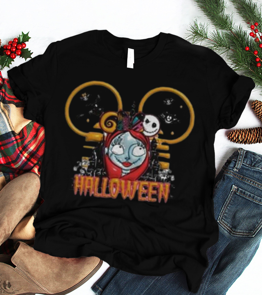 Halloween Mouse Head Princess Sally And Jack Skellington T-Shirt