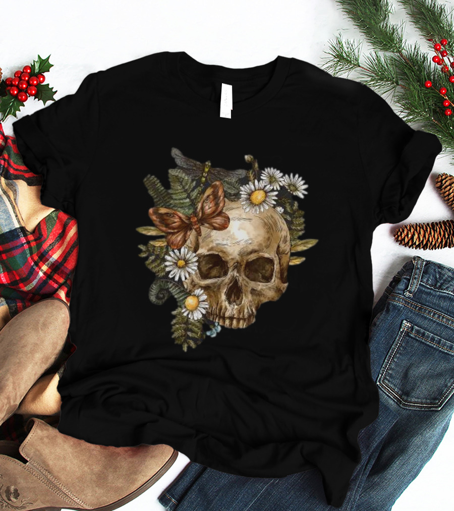 Skull With Butterfly And Dragonfly Surrounded By Autumn Leaves And Daisies T-Shirt