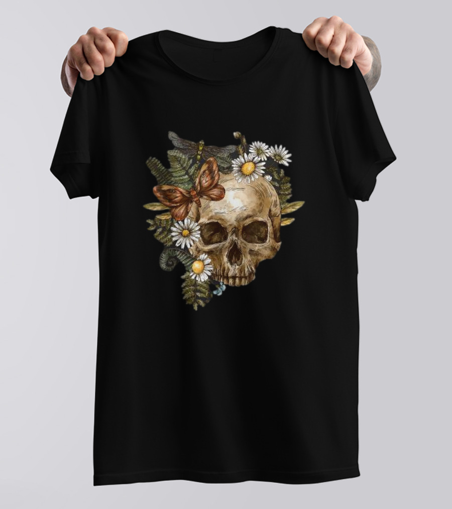 Skull With Butterfly And Dragonfly Surrounded By Autumn Leaves And Daisies T-Shirt