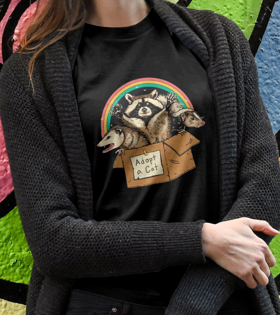 Wicked Clothes Adopt A Cat Raccoon And Opossum In Cardboard Box Rainbow T-Shirt