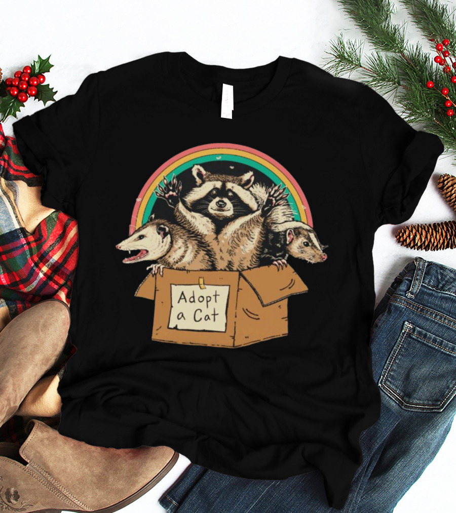 Wicked Clothes Adopt A Cat Raccoon And Opossum In Cardboard Box Rainbow T-Shirt