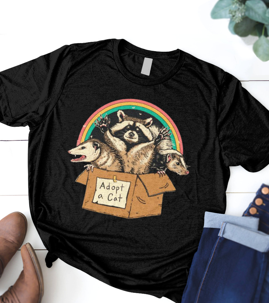 Wicked Clothes Adopt A Cat Raccoon And Opossum In Cardboard Box Rainbow T-Shirt