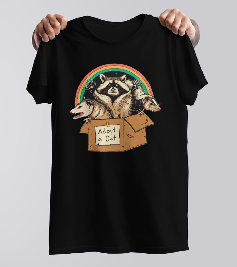 Wicked Clothes Adopt A Cat Raccoon And Opossum In Cardboard Box Rainbow T-Shirt