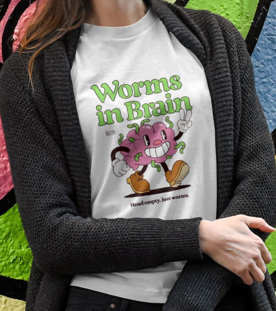 Worms In Brain Head Empty Just Worms Cartoon Brain Peace Sign T-Shirt