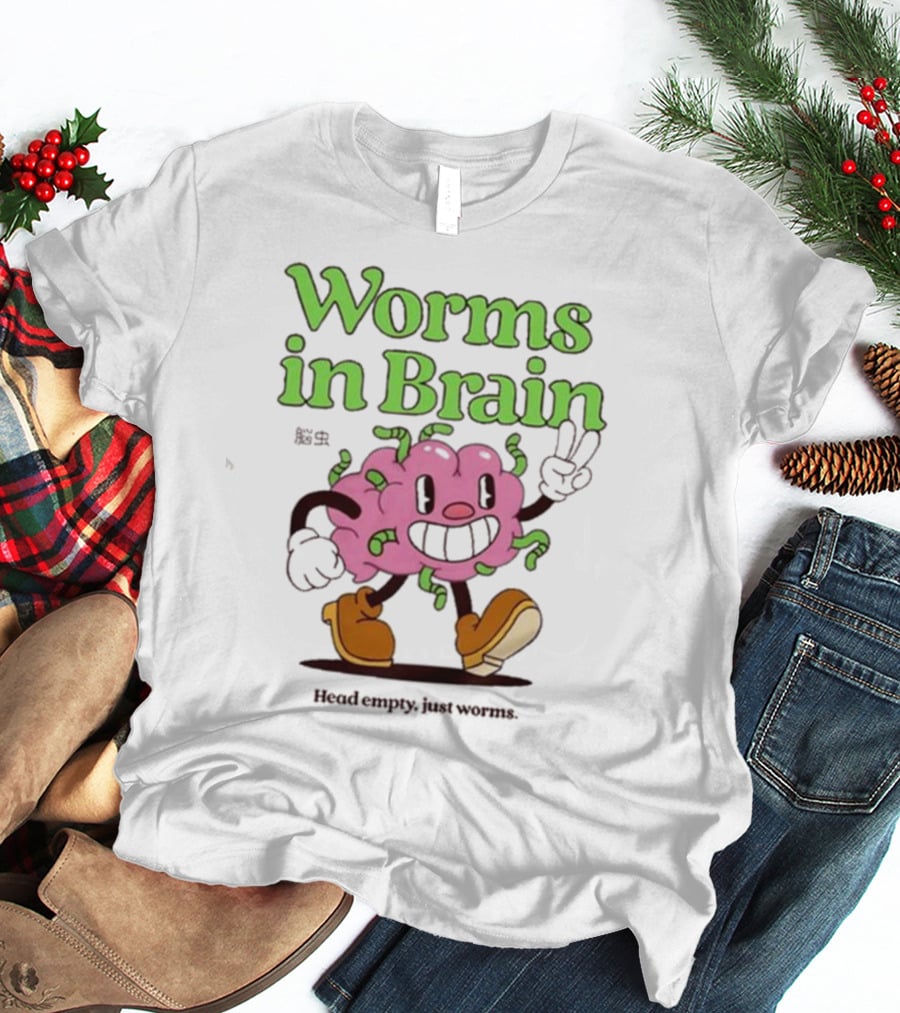 Worms In Brain Head Empty Just Worms Cartoon Brain Peace Sign T-Shirt