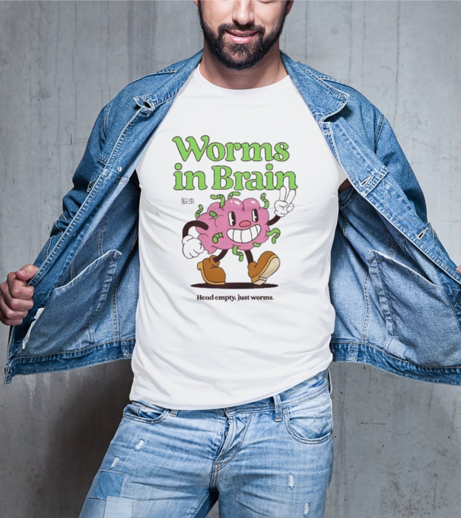 Worms In Brain Head Empty Just Worms Cartoon Brain Peace Sign T-Shirt
