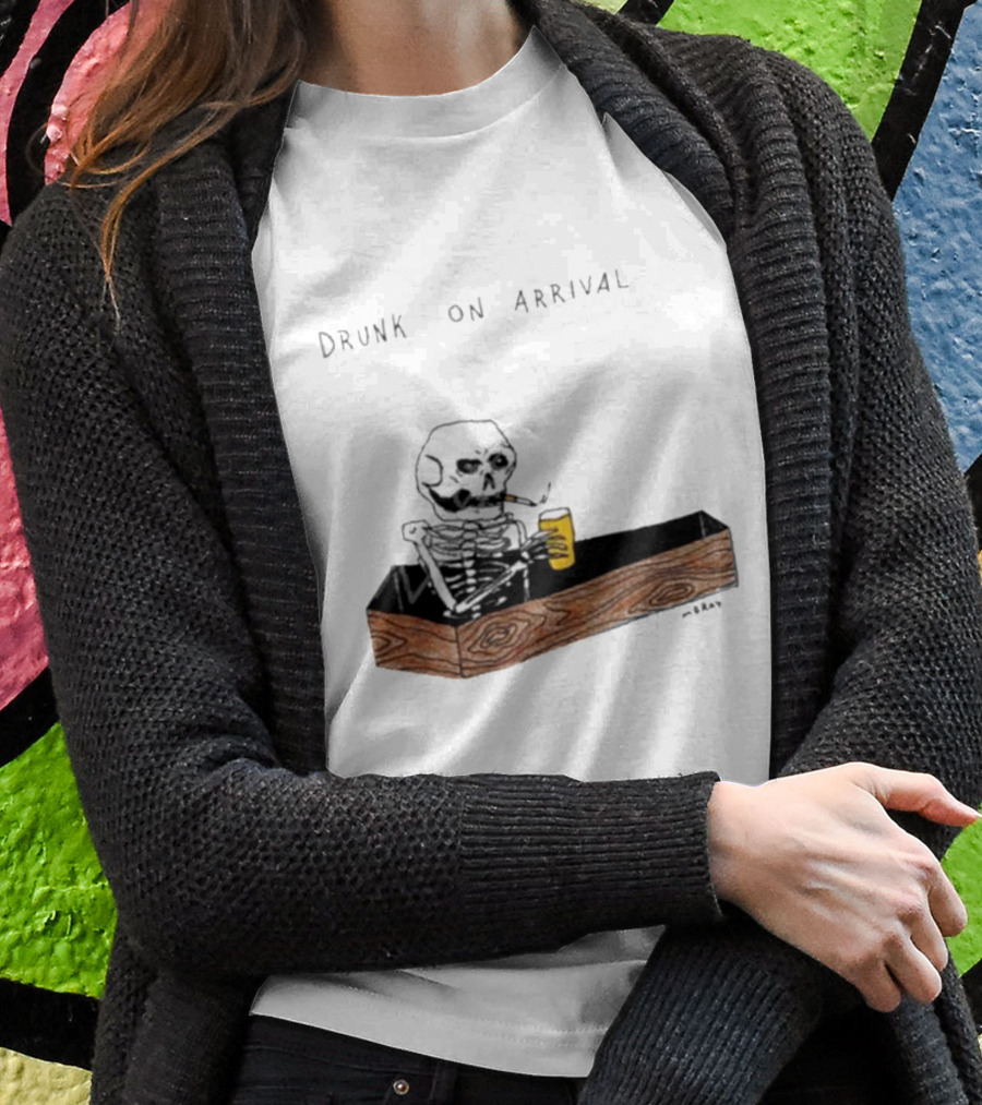 Matt Gray Drunk On Arrival Skeleton In Coffin Holding Drink T-Shirt