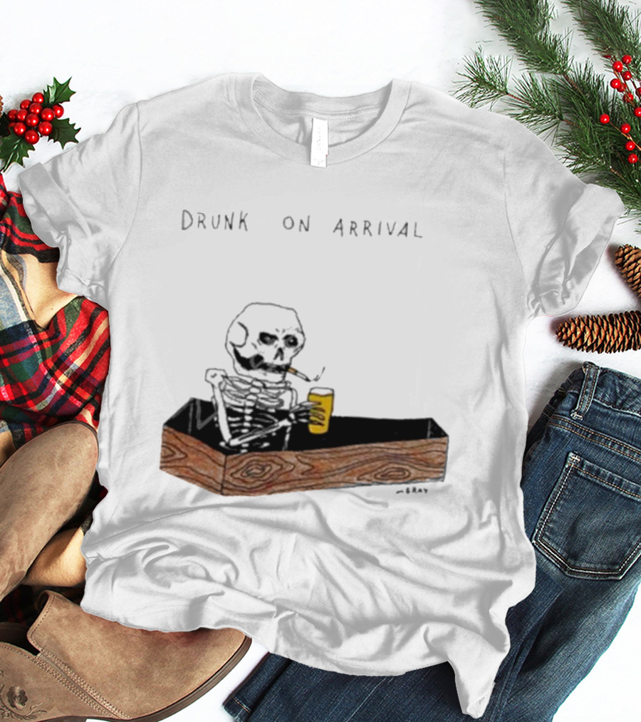 Matt Gray Drunk On Arrival Skeleton In Coffin Holding Drink T-Shirt