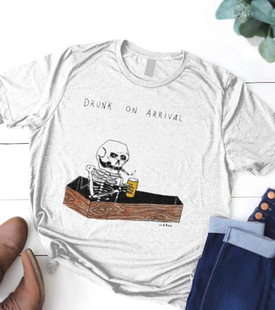 Matt Gray Drunk On Arrival Skeleton In Coffin Holding Drink T-Shirt