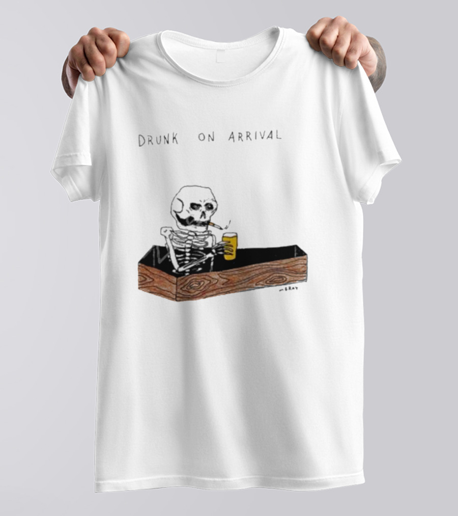 Matt Gray Drunk On Arrival Skeleton In Coffin Holding Drink T-Shirt