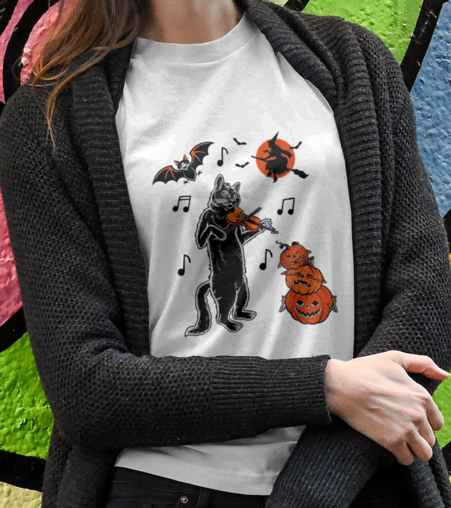 Black Cat Playing Violin With Witch, Devilish Bat, And Stacked Pumpkins Halloween T-Shirt