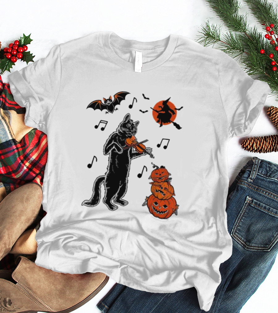 Black Cat Playing Violin With Witch, Devilish Bat, And Stacked Pumpkins Halloween T-Shirt