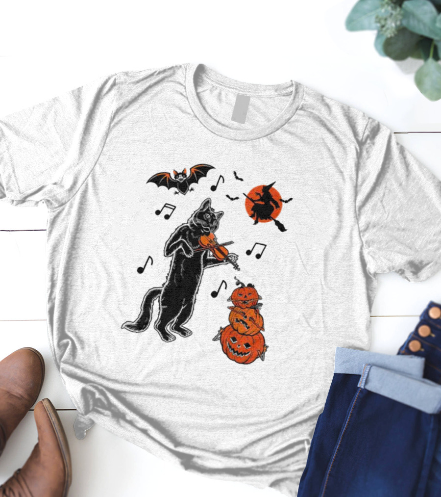 Black Cat Playing Violin With Witch, Devilish Bat, And Stacked Pumpkins Halloween T-Shirt