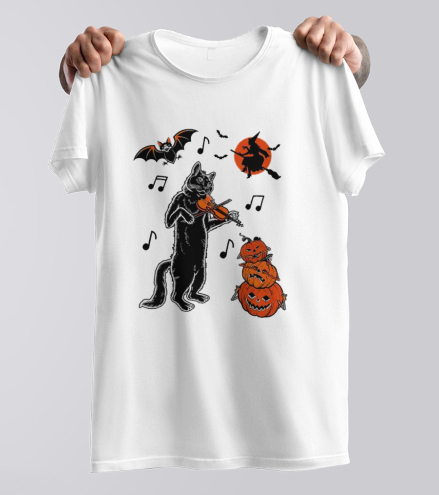 Black Cat Playing Violin With Witch, Devilish Bat, And Stacked Pumpkins Halloween T-Shirt